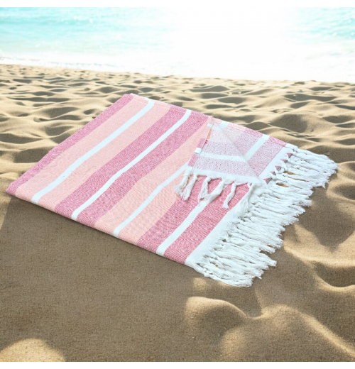 Pastel Pink Stripe - Cotton Hammam Beach Towel with reversible Toweling